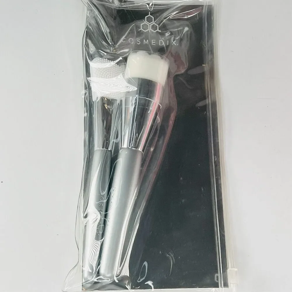Cosmedix Cleansing + Silicone Mask Applicator 2pc Brush Set Silver White NIB